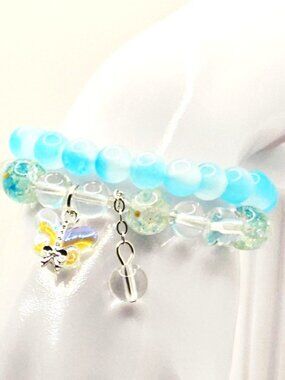 Blue Butterfly Bracelet Stack, Aqua Beaded Bracelet Set, Cute Stretch Bracelets,